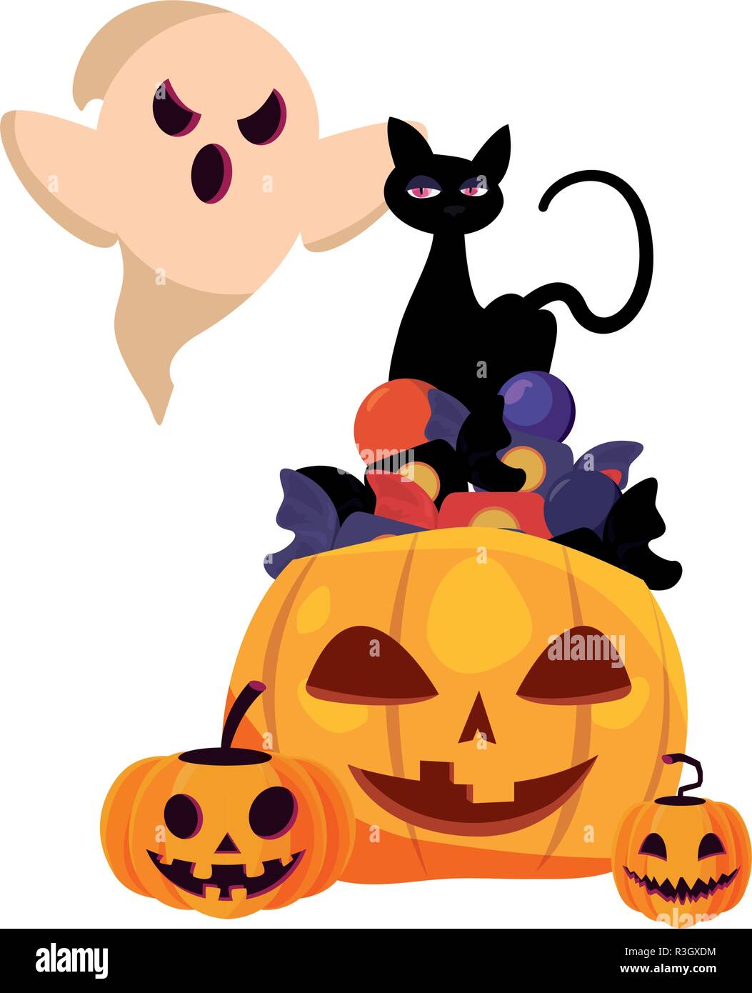 happy halloween ghost candys pumpkin cat vector illustration Stock ...