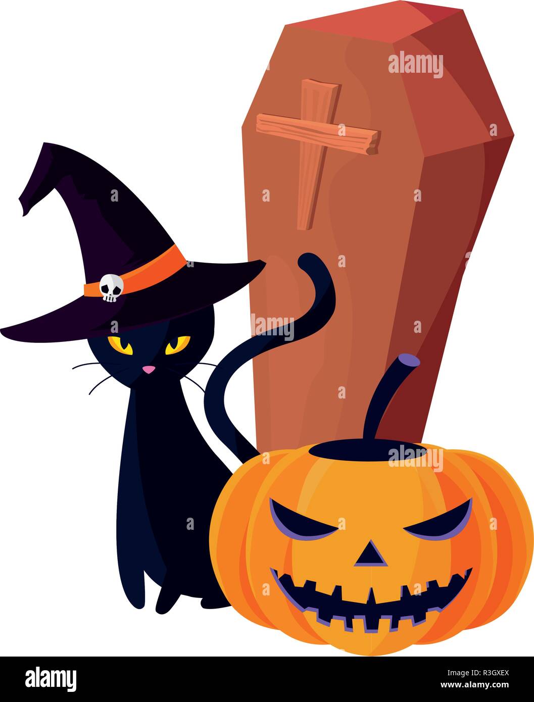 happy halloween cat coffin creepy pumpkin vector illustration Stock ...