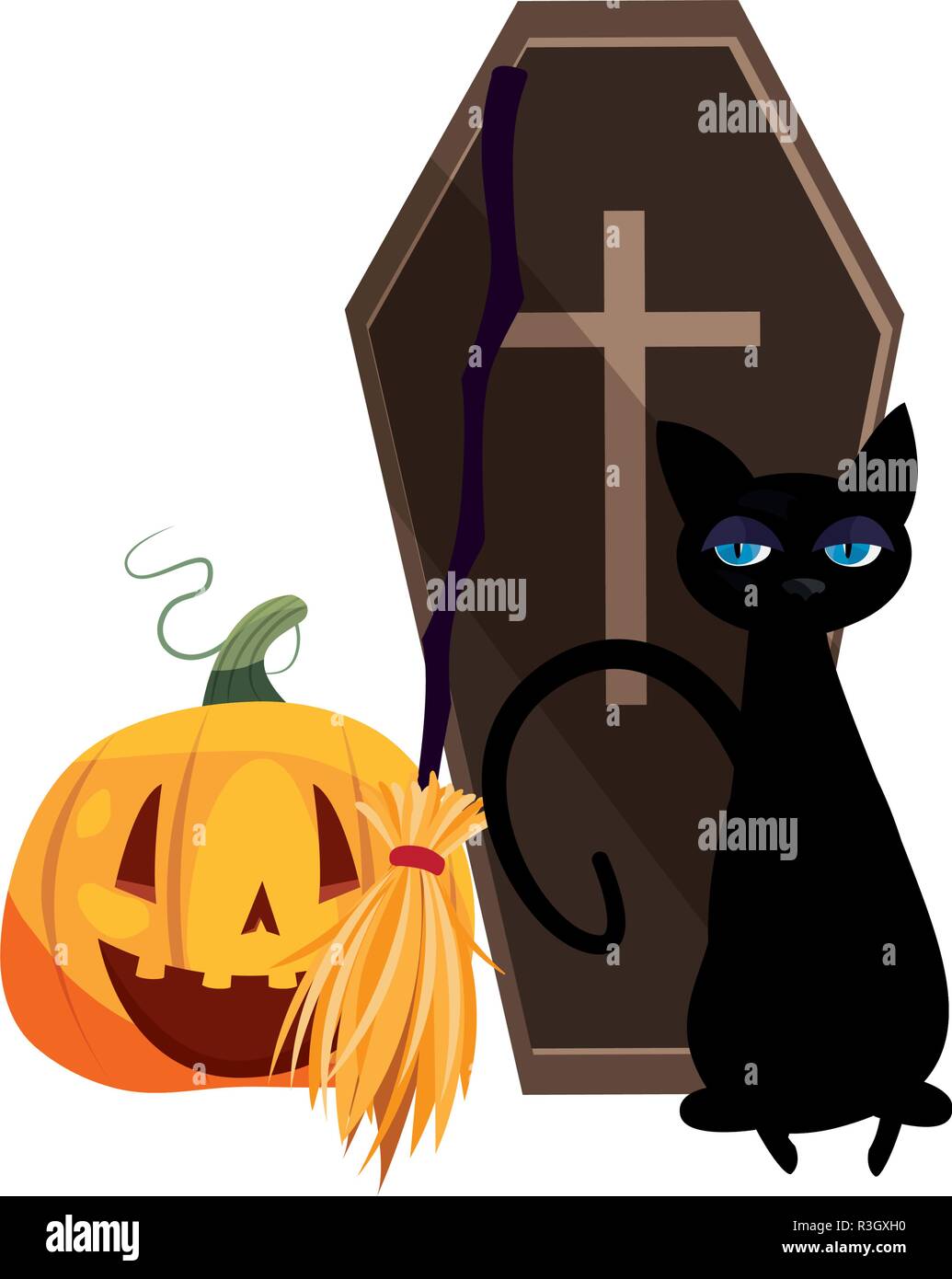 happy halloween broom pumpkin coffin vector illustration Stock Vector ...