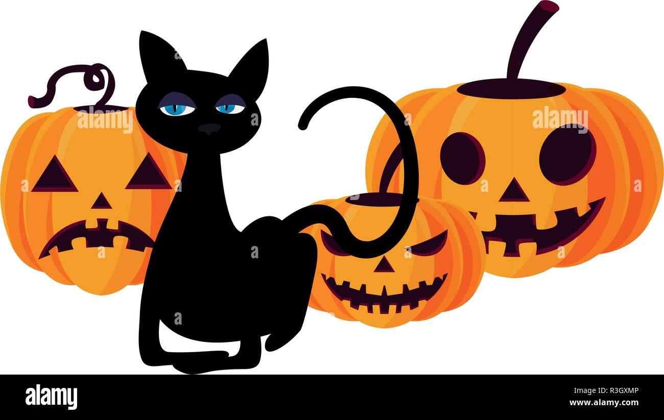 happy halloween pumpkins black cat vector illustration Stock Vector ...