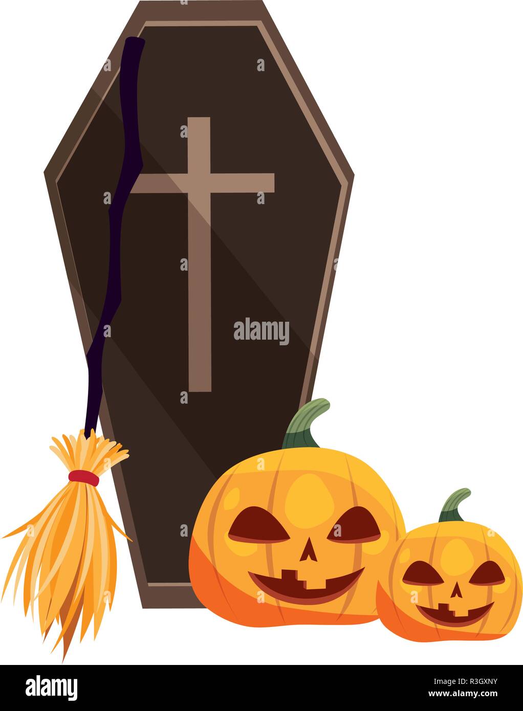 happy halloween coffin broom pumpkins vector illustration Stock Vector ...