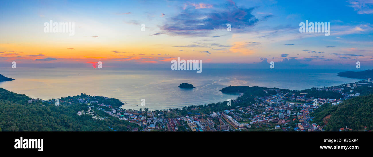 areial photography sunset above Kata beach. Pu island is in the middle of Kata beach and Karon beach Stock Photo