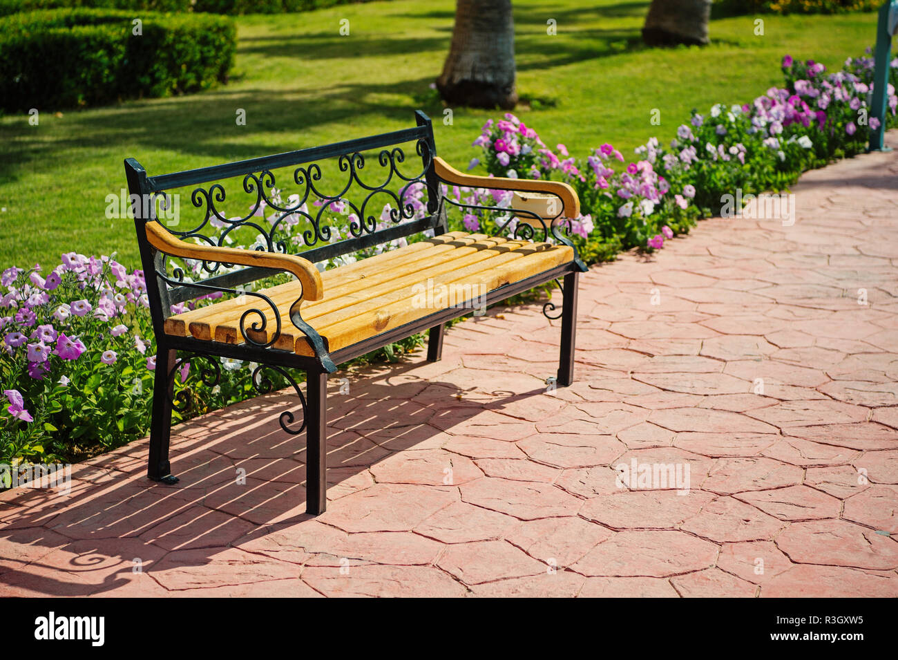 Empty Wooden Bench On Pavers Road Near Green Grass And Summer Or