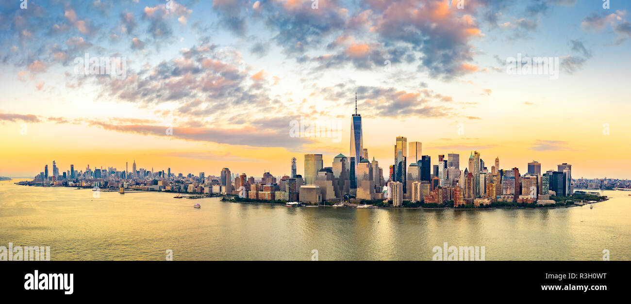 Aerial panorama of New York City skyline at sunset Stock Photo