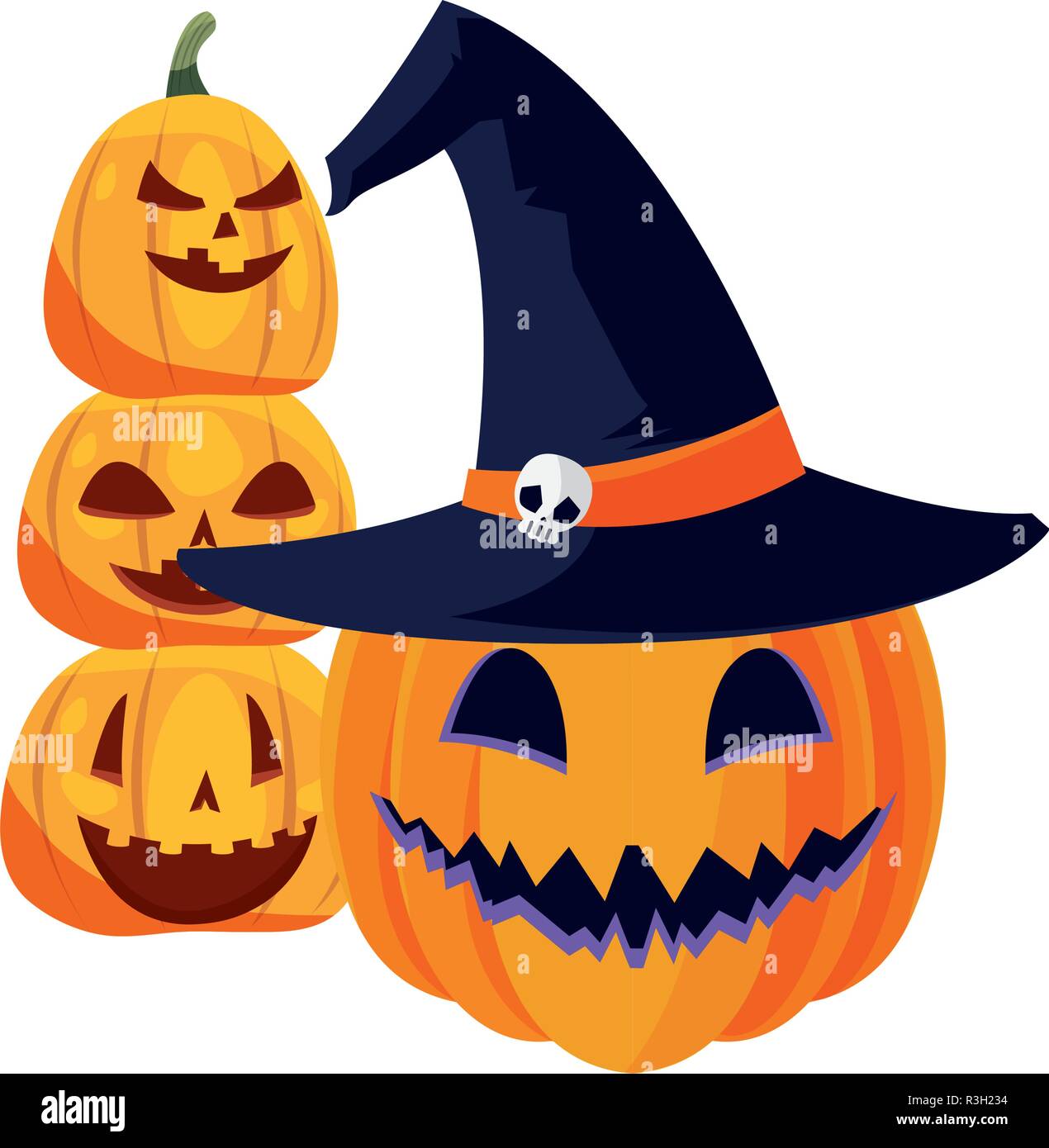 pumpkins witch hat halloween celebration vector illustration Stock ...