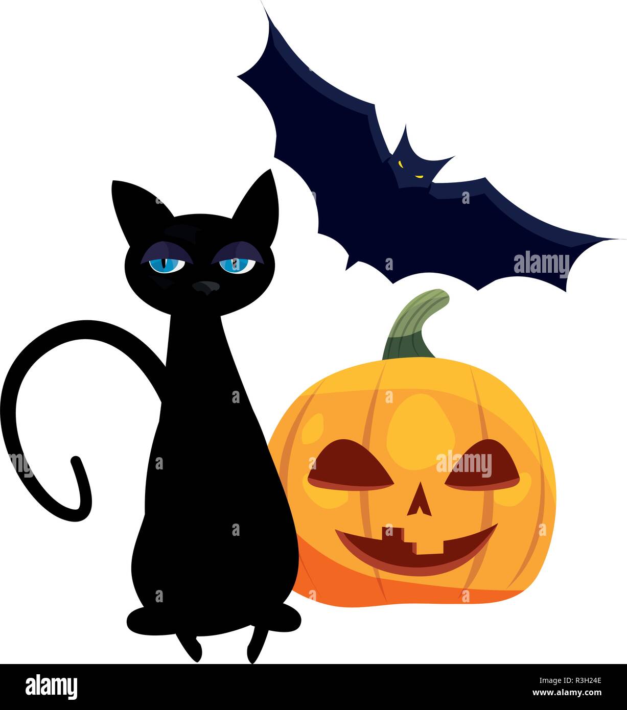 black cat pumpkin and bat halloween celebration vector illustration ...