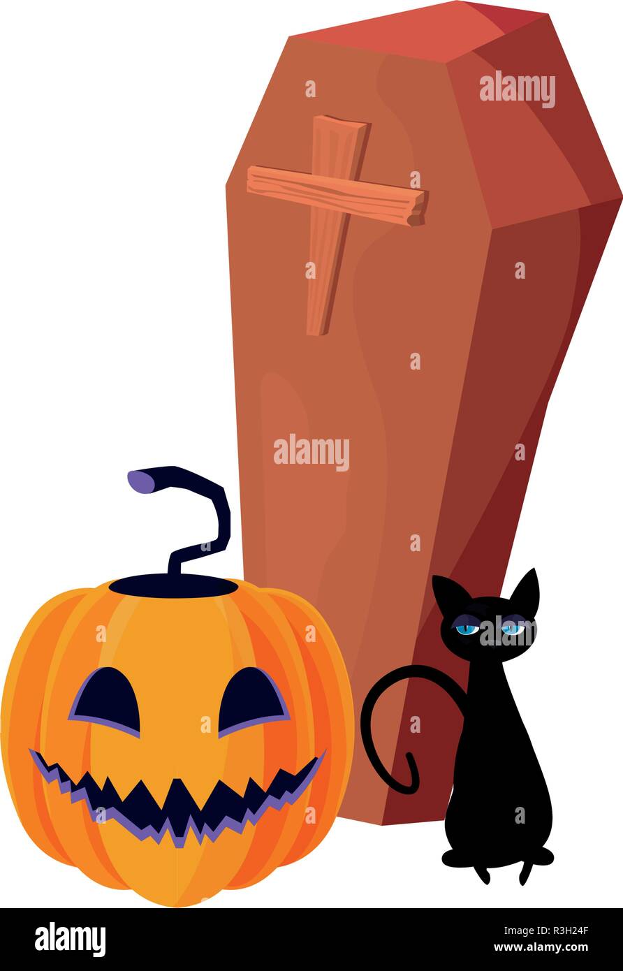 pumpkin coffin black cat halloween celebration vector illustration ...