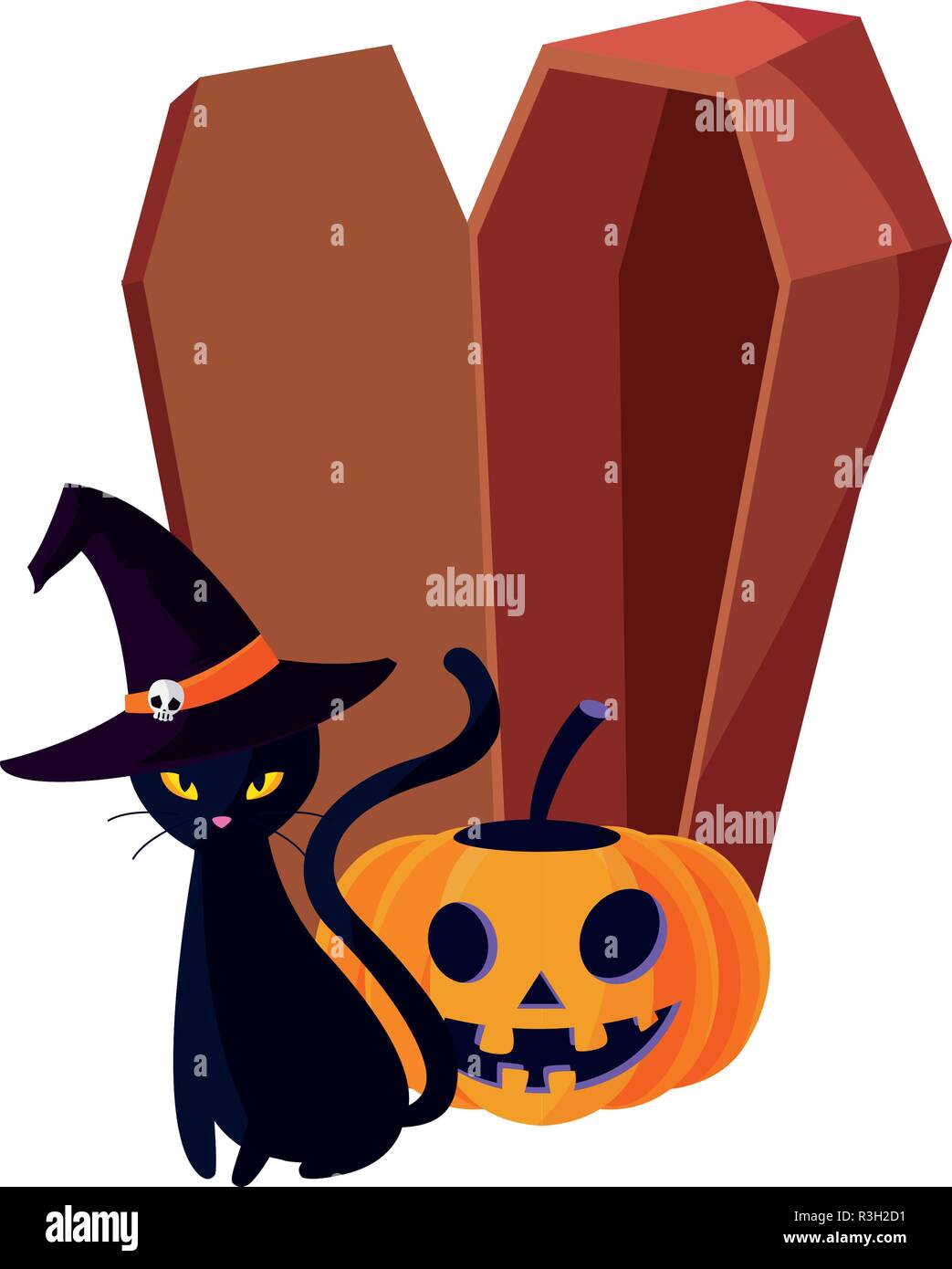 cat coffin and pumpkin halloween celebration vector illustration Stock ...