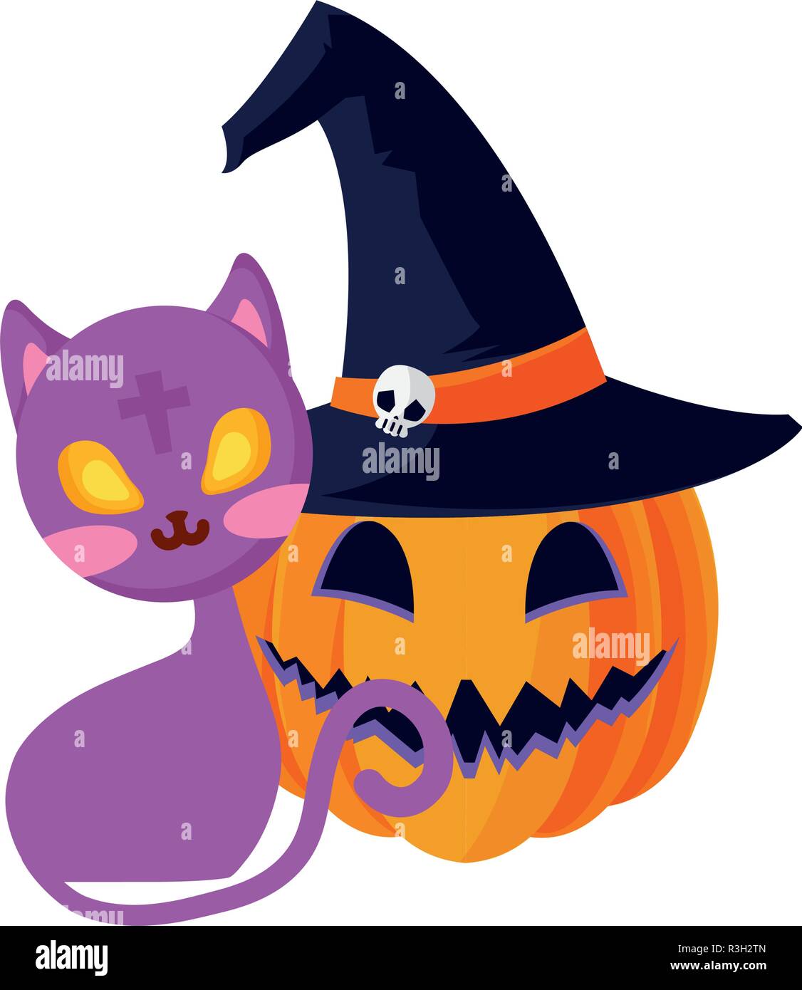 pumpkin and cat halloween celebration vector illustration Stock Vector ...