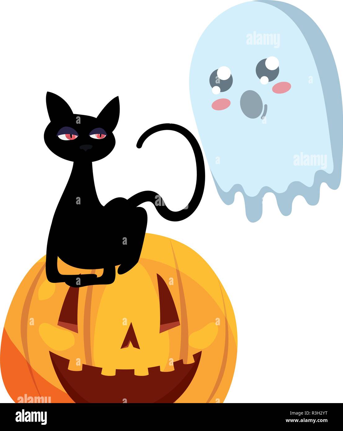 cat ghost pumpkin halloween celebration vector illustration Stock ...