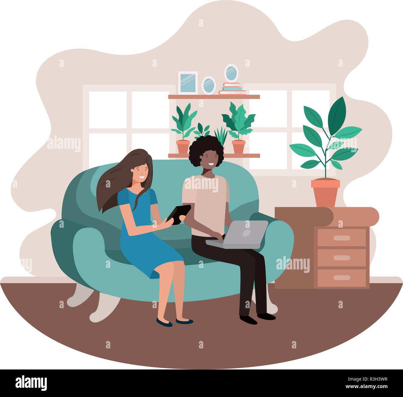 couple using tablet in the livingroom Stock Vector