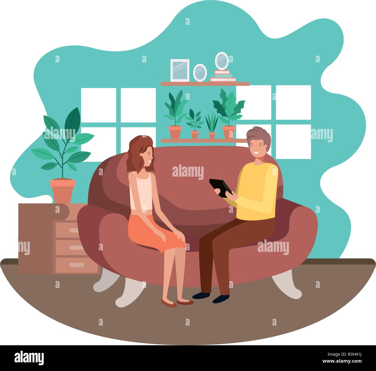 couple using tablet in the livingroom Stock Vector