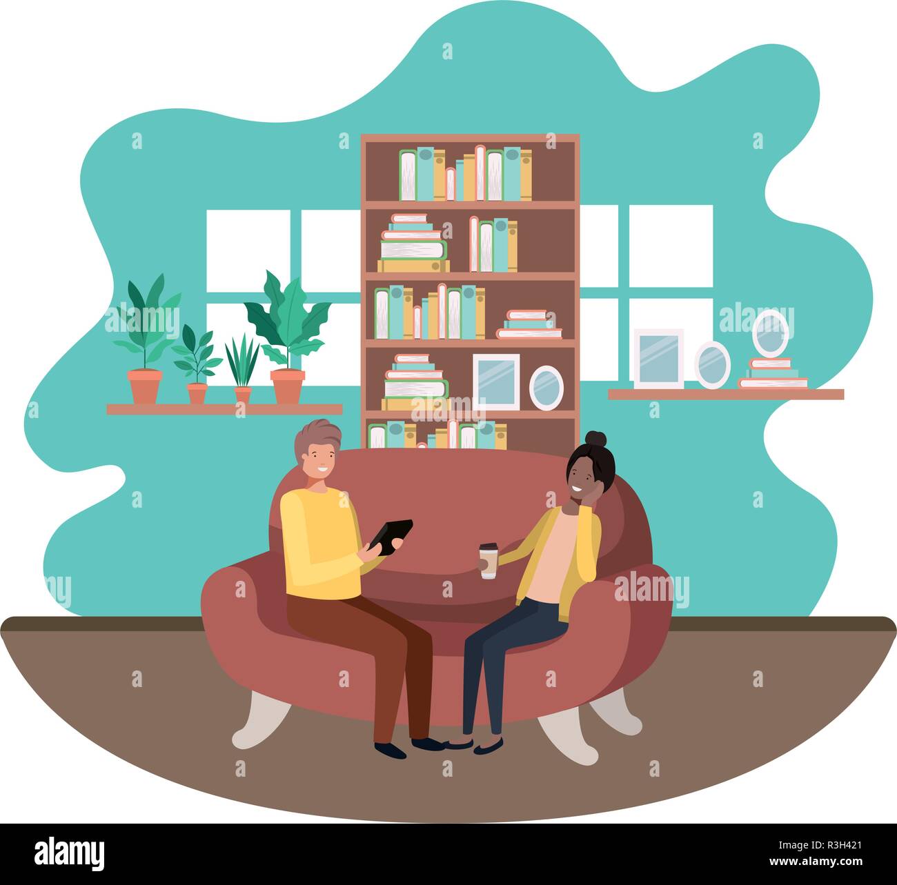 couple using tablet in the livingroom Stock Vector