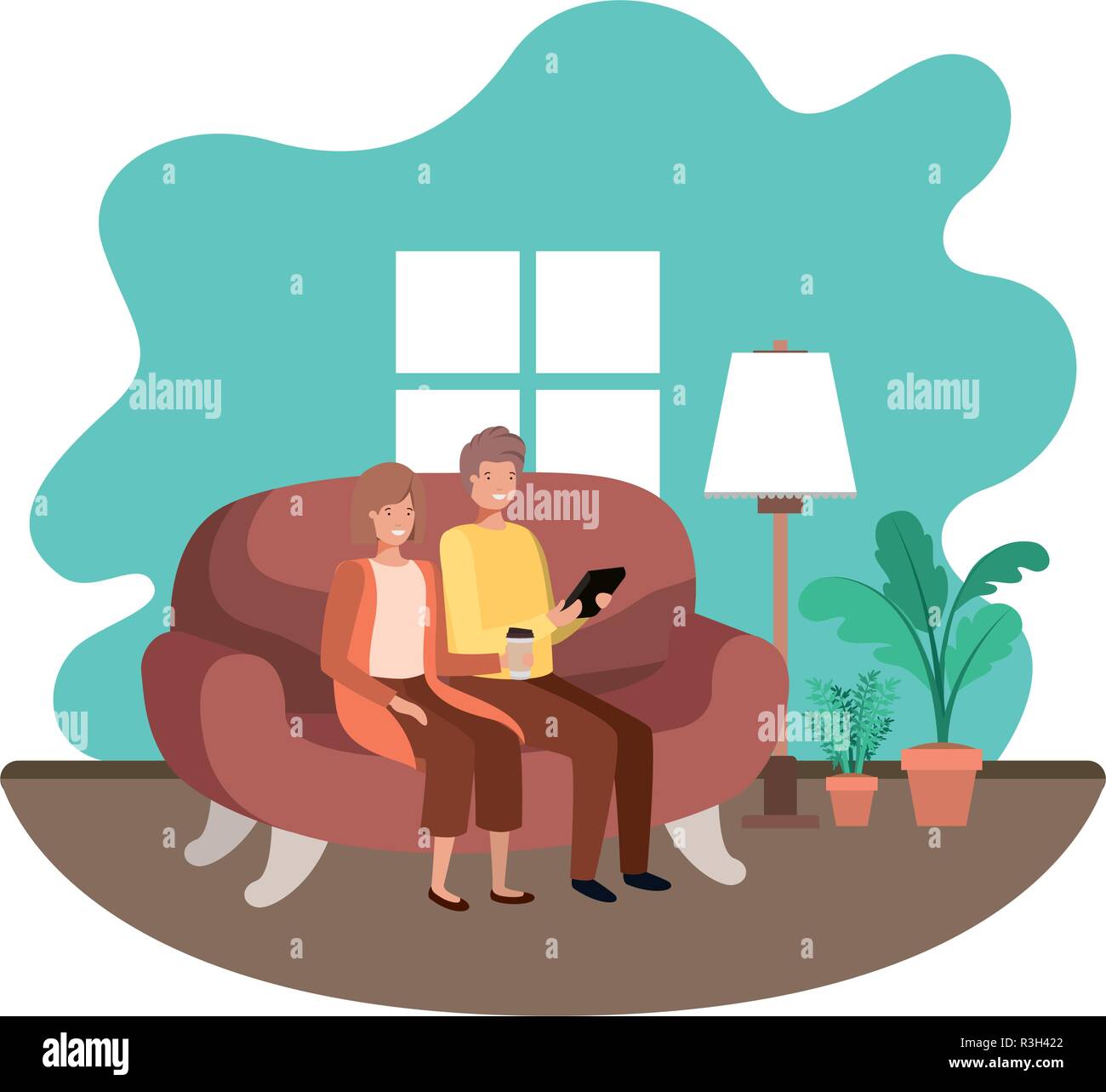 couple using tablet in the livingroom Stock Vector