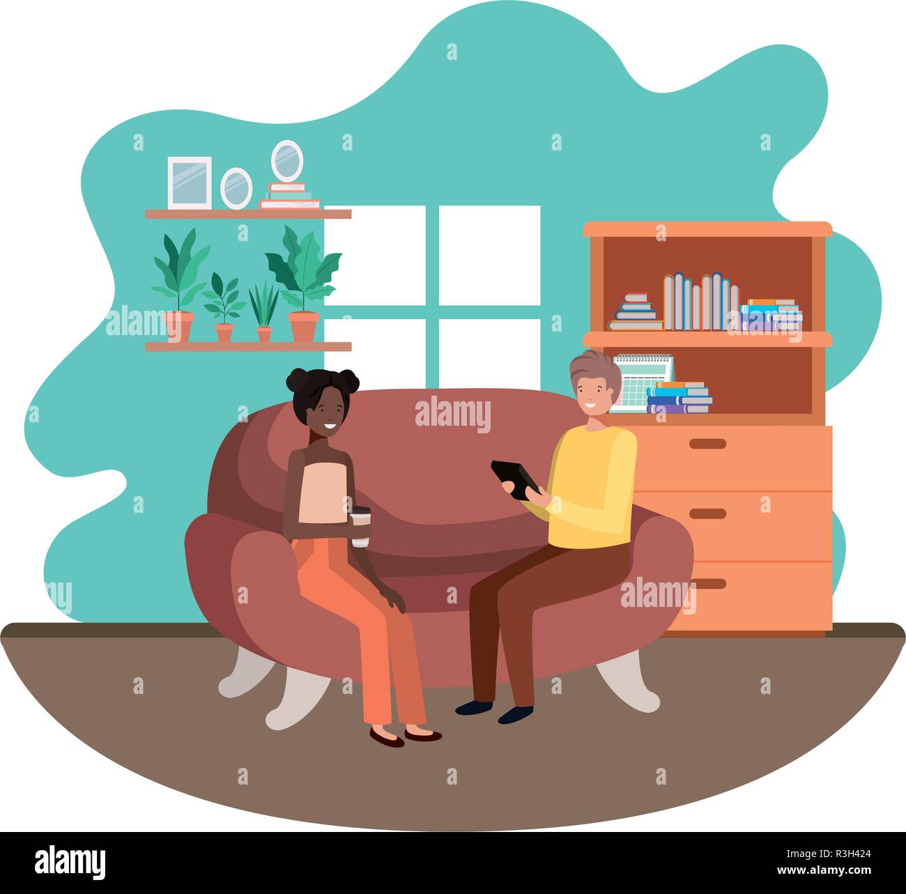 couple using tablet in the livingroom Stock Vector