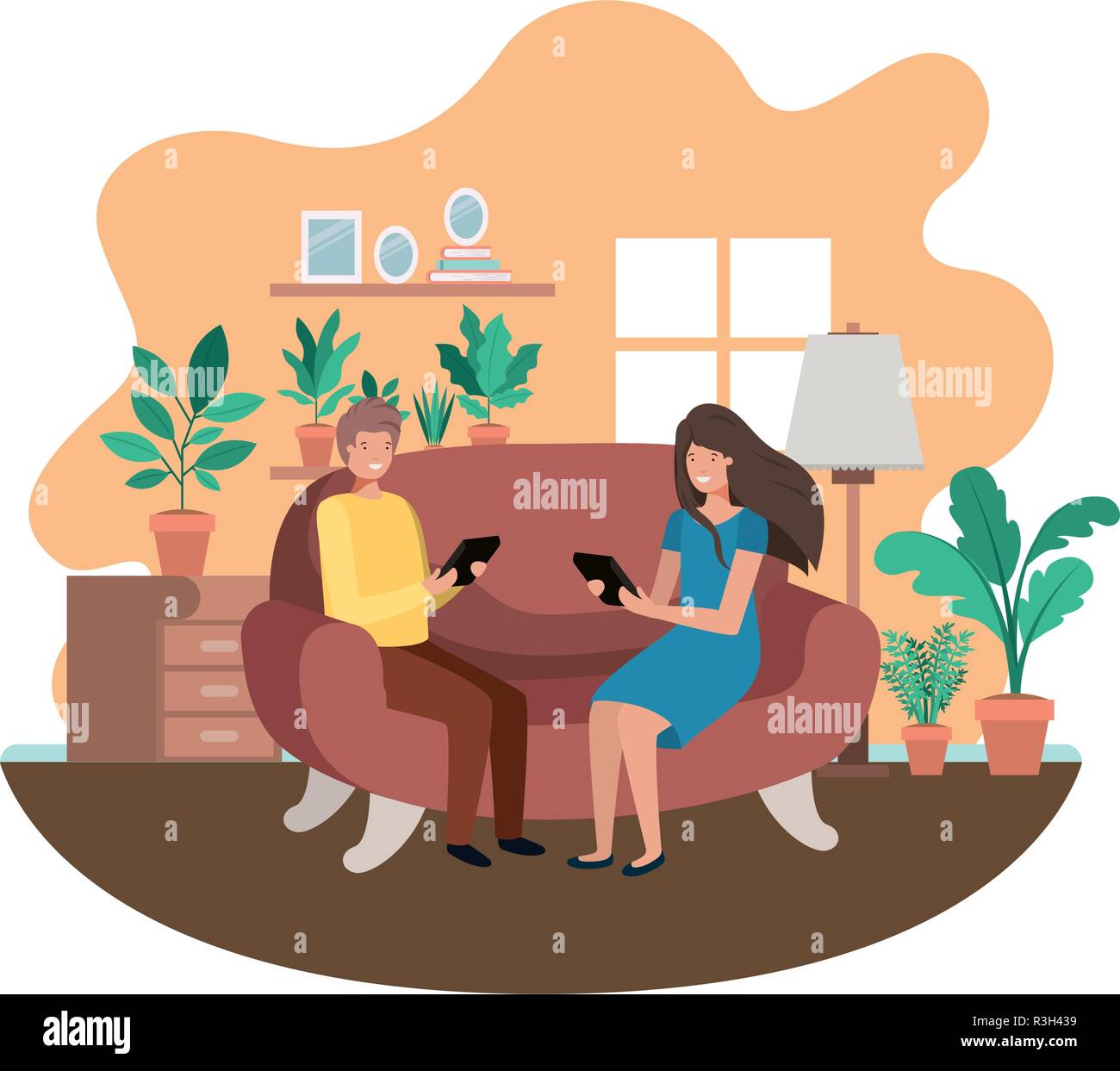 couple using tablet in the livingroom Stock Vector