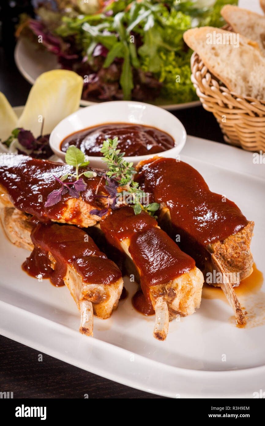 grilled pork ribs with barbecue sauce marinade spareribs and coleslaw