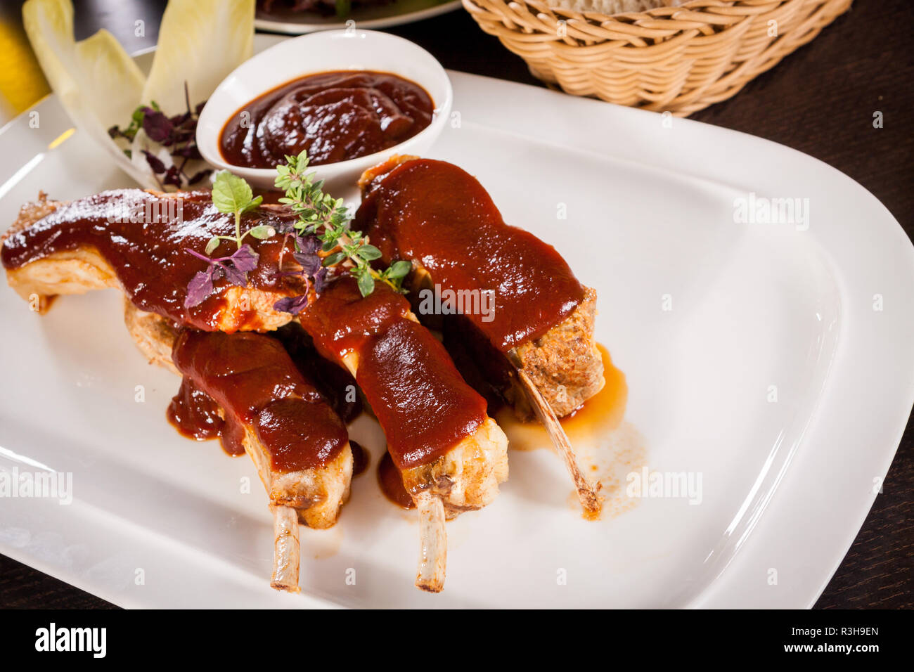 grilled pork ribs spare ribs with barbecue sauce marinade and coleslaw ...