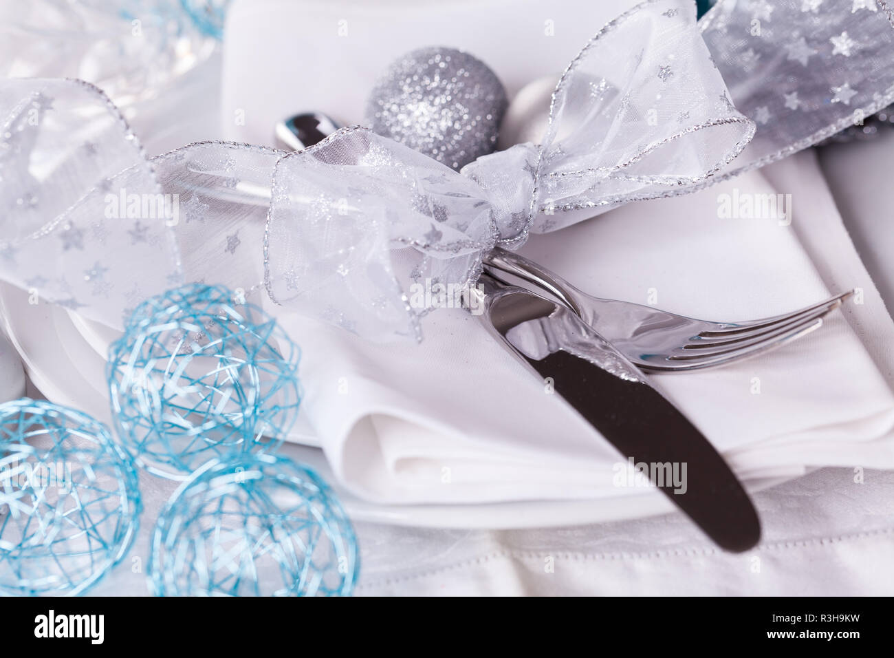 Stylish Table With Christmas Decoration In Turquoise And Silver
