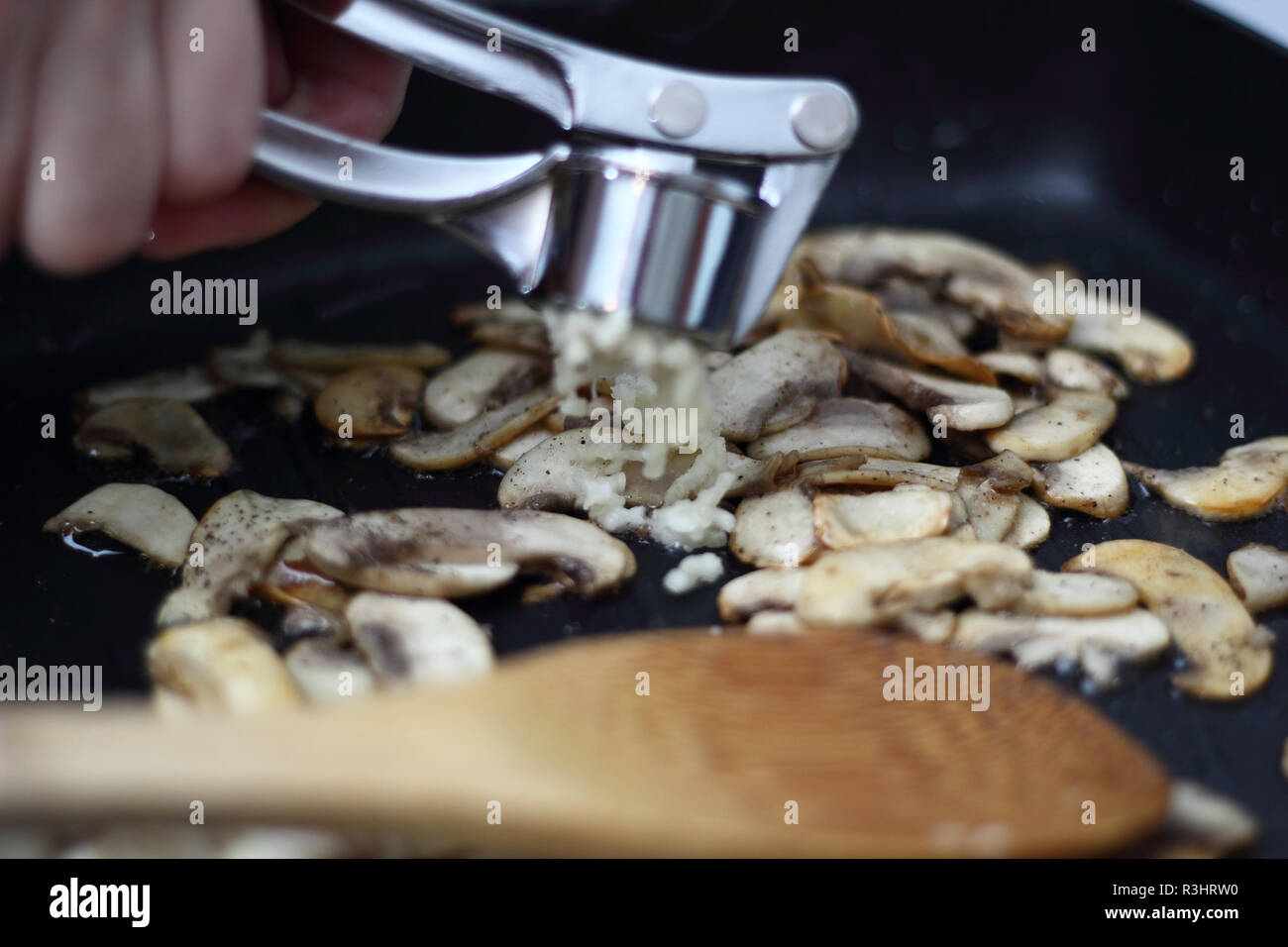 Garlic crushing using a garlic press into skillet with fried champignon mushroom Stock Photo Alamy