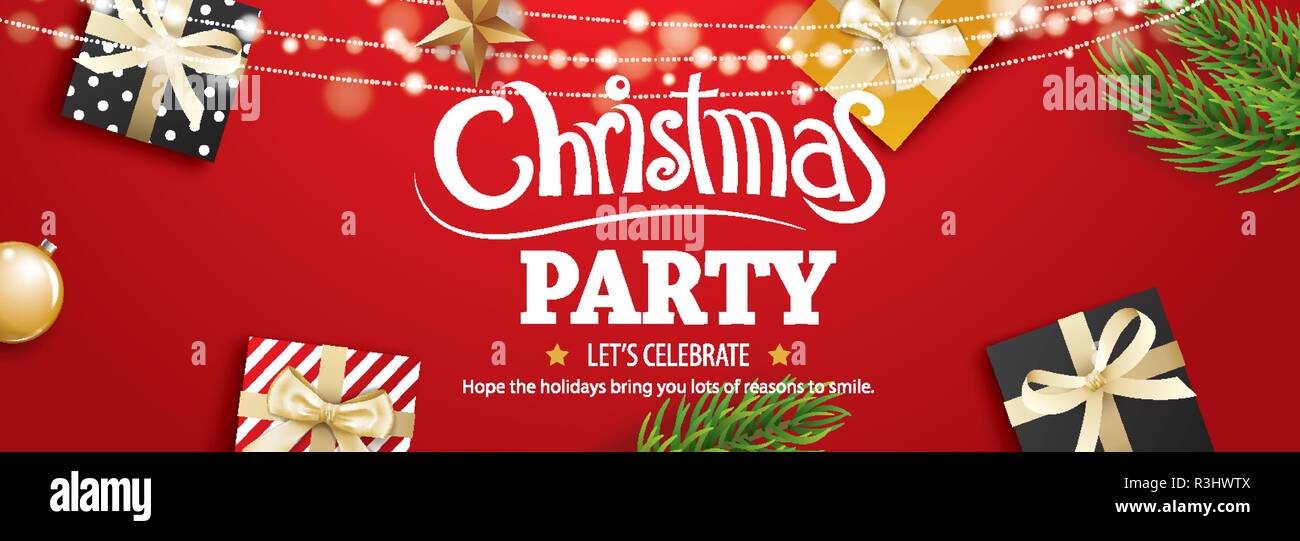 Invitation merry christmas party poster banner and card design template on red background. Happy holiday and new year with tree and gift box theme con Stock Vector