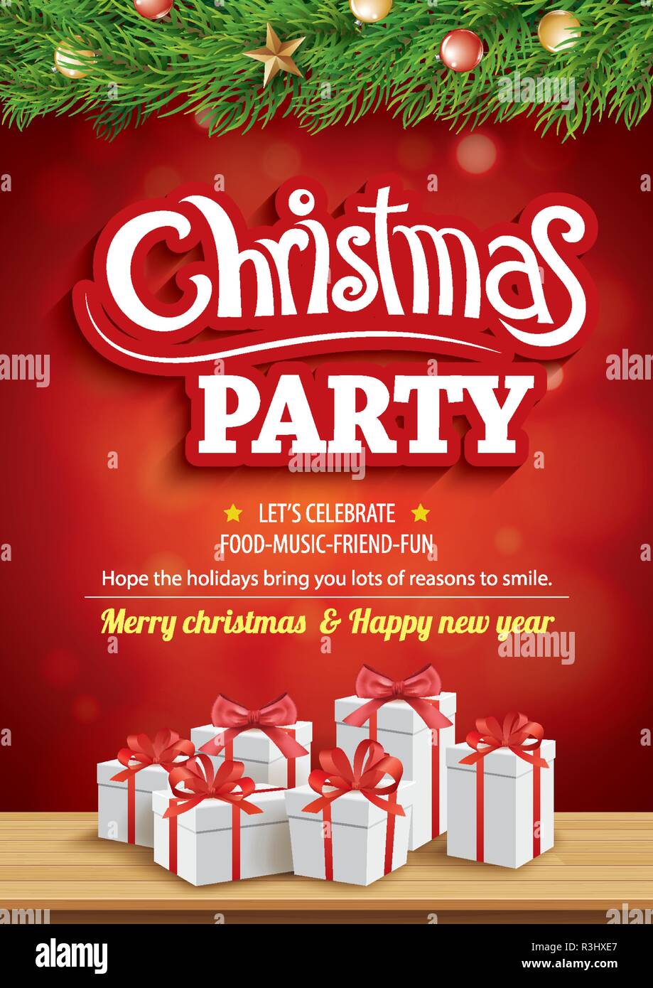 Merry christmas party and greeting card with gift box on red background