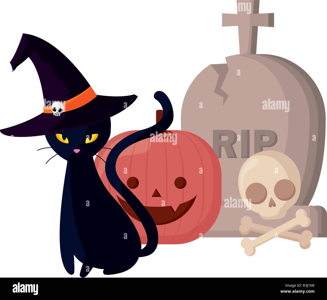black cat and pumpkin gravestone skull halloween celebration vector ...