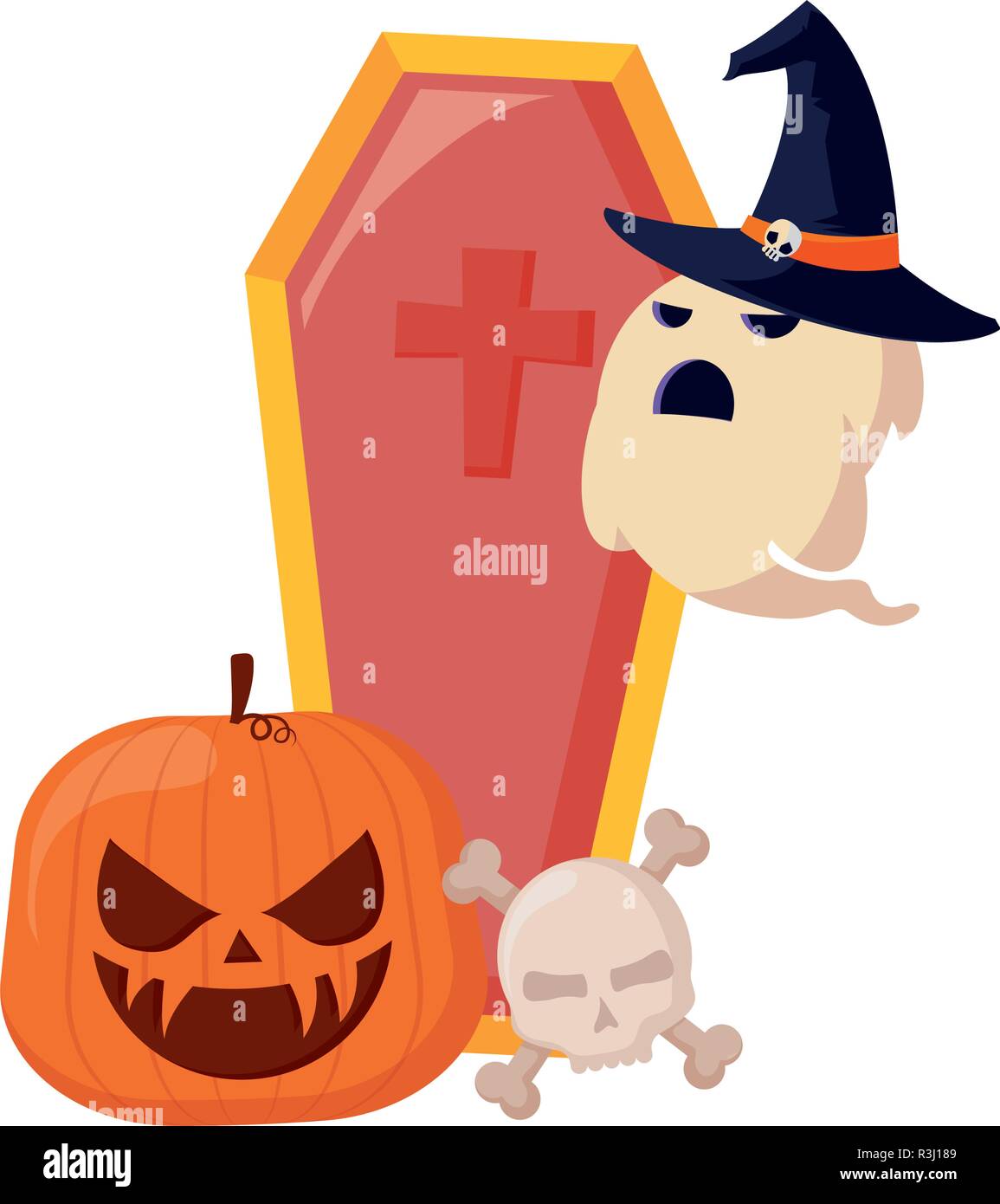 ghost coffin pumpkin and skull halloween celebration vector ...