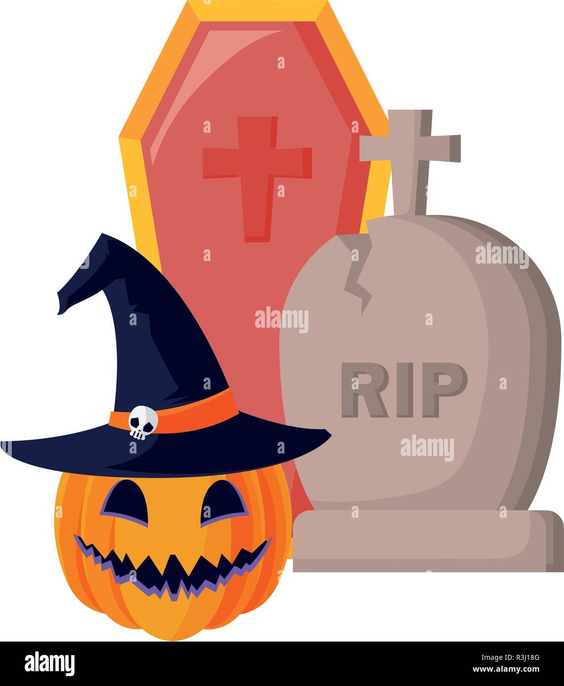 pumpkin grave and coffin halloween celebration vector illustration ...
