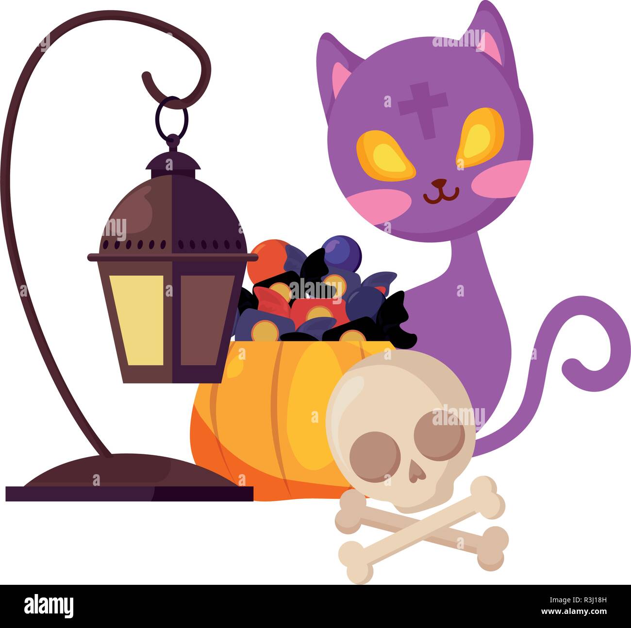 cat pumpkin skull lantern halloween celebration vector illustration ...