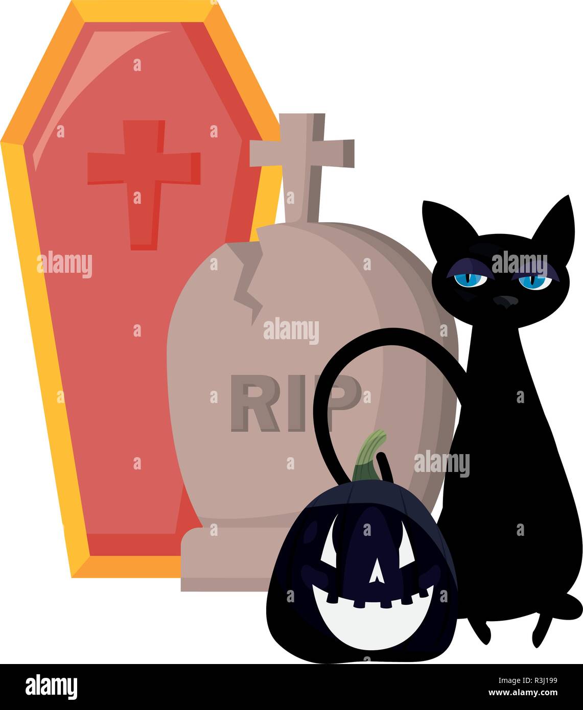 gravestone cat coffin and pumpkin halloween celebration vector ...