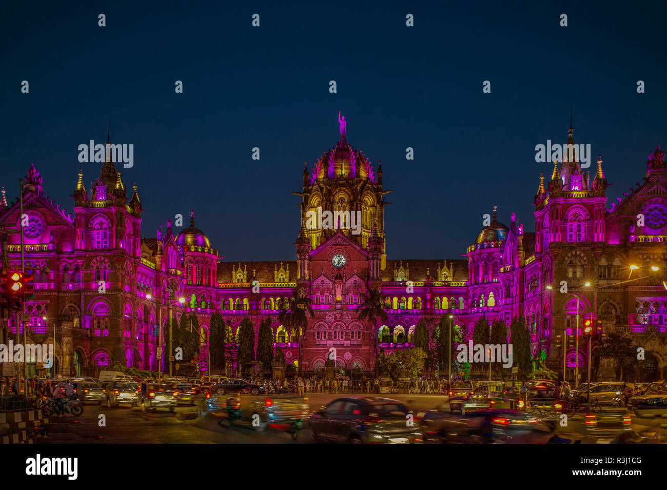 09—Nov-2017-World Heritage Victoria Terminus VT now Chhatrapati Shivaji Maharaj Terminus CST railway station building 'NIGHT-TIME ILLUMINATION'; Bomba Stock Photo