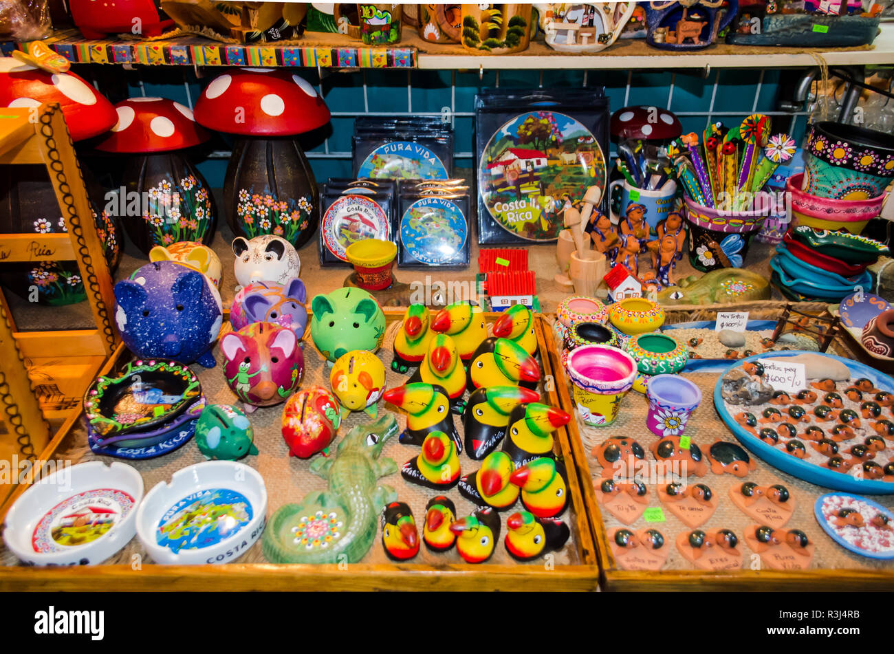 Costa Rica souvenirs for sale in the Central Market of San Jose. Stock Photo