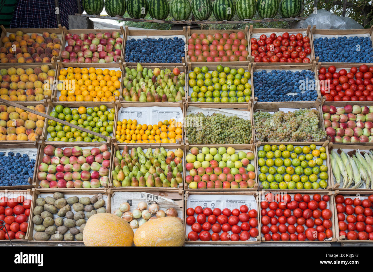 Roadside stand selling organic fruits exposed on armenian newspaper, Ararat Province, Armenia Stock Photo