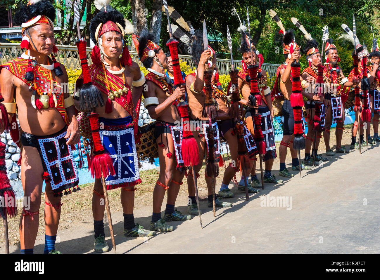 Naga tribal group performers standing in line to welcome the officials ...