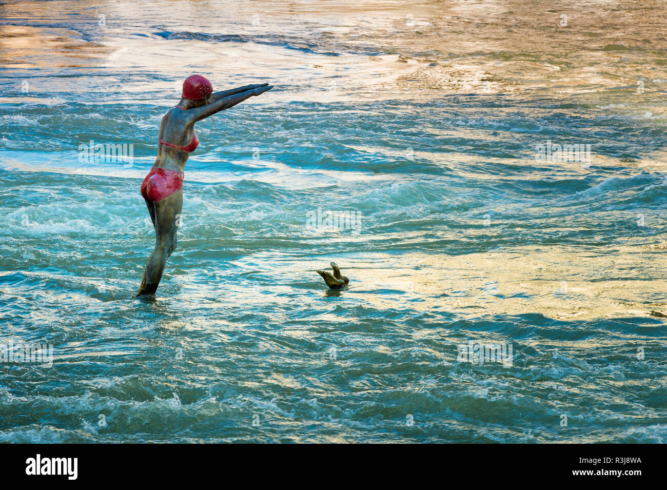 Woman Statue diving in the Vardar river, Skopje, Macedonia Stock Photo
