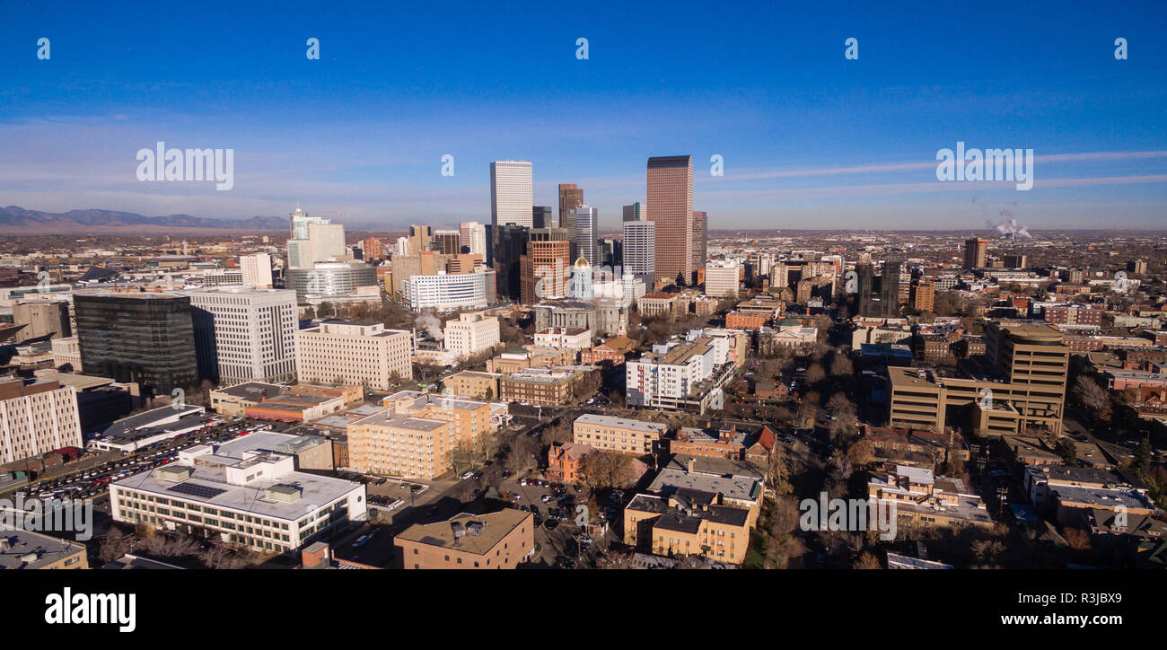 Blue skies and cold crisp temperatures exist on a winter day in Denver Colorado Stock Photo