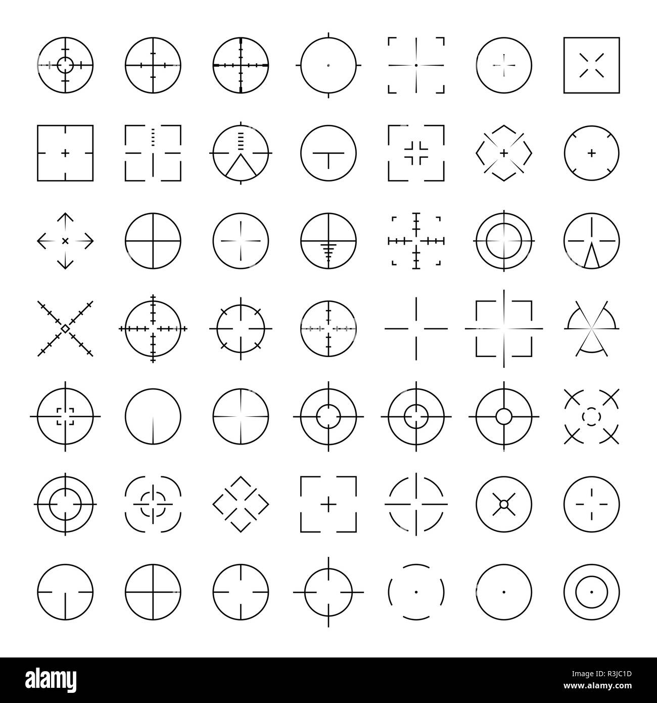 Automatic rifle sniper scope crosshairs thinline icon set. AR Collimator sight glyphs. Military war gun aim silhouettes Stock Vector