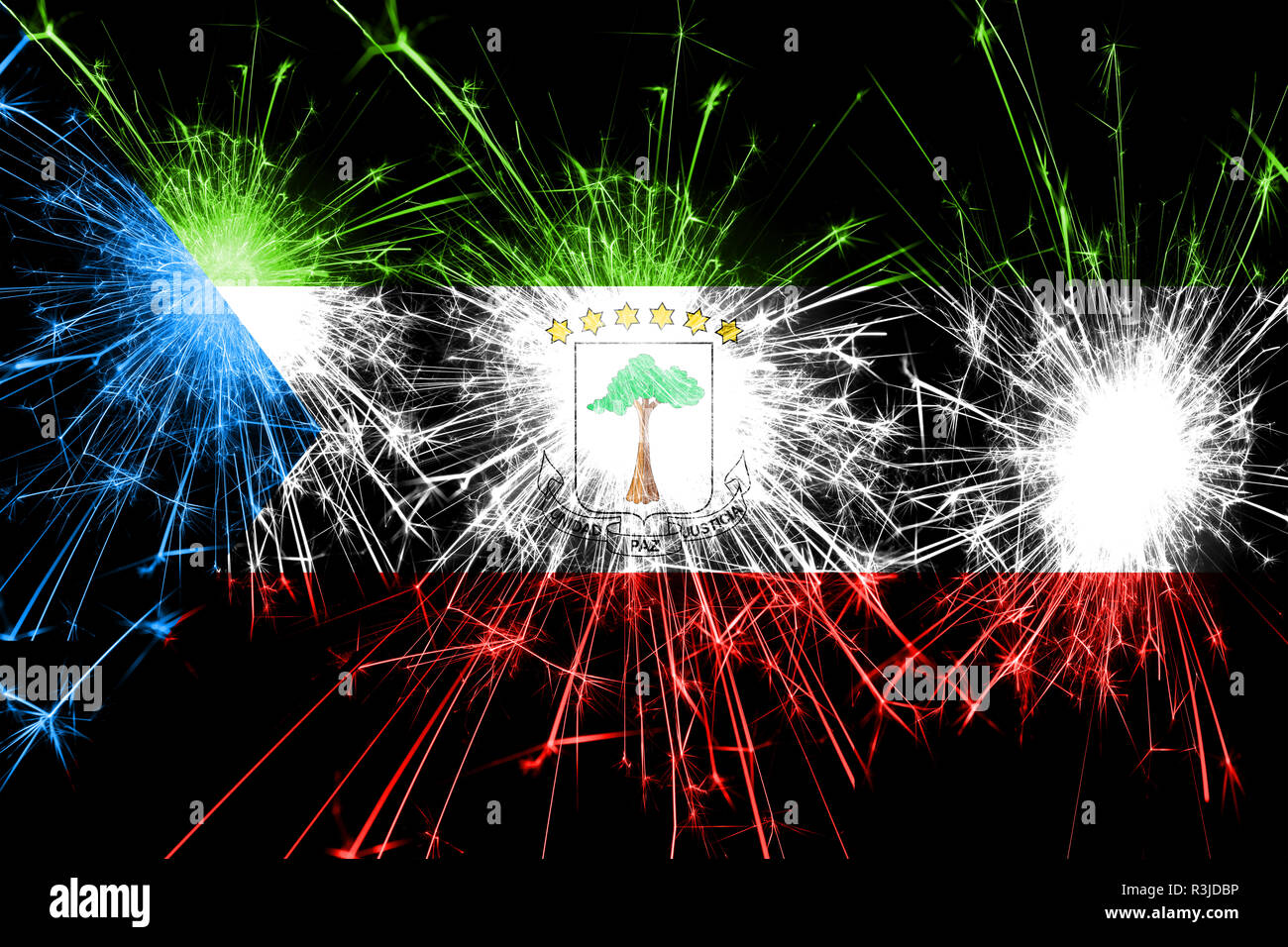 Equatorial Guinea fireworks sparkling flag. New Year, Christmas and National day concept Stock Photo