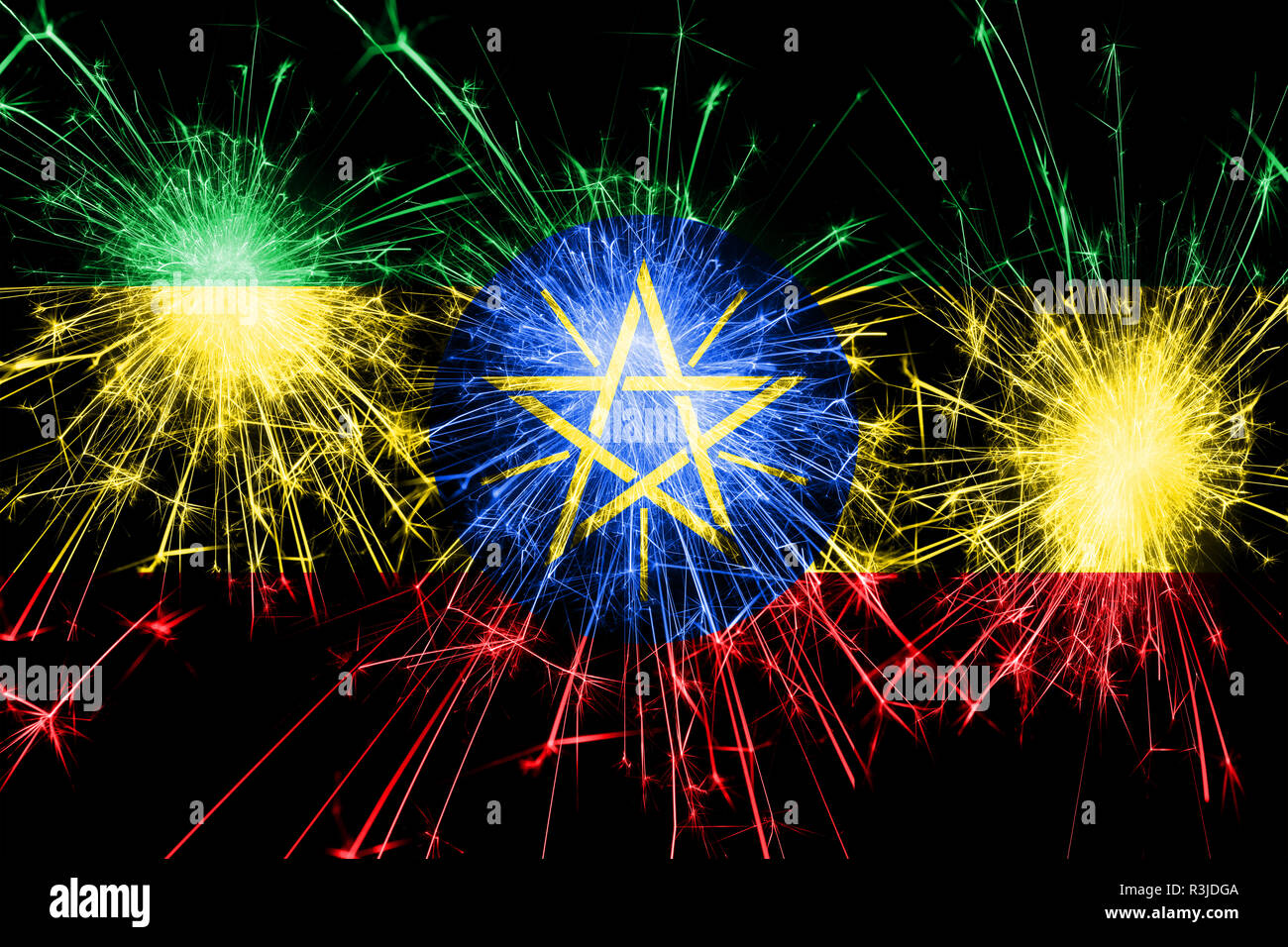 Ethiopia fireworks sparkling flag. New Year, Christmas and National day