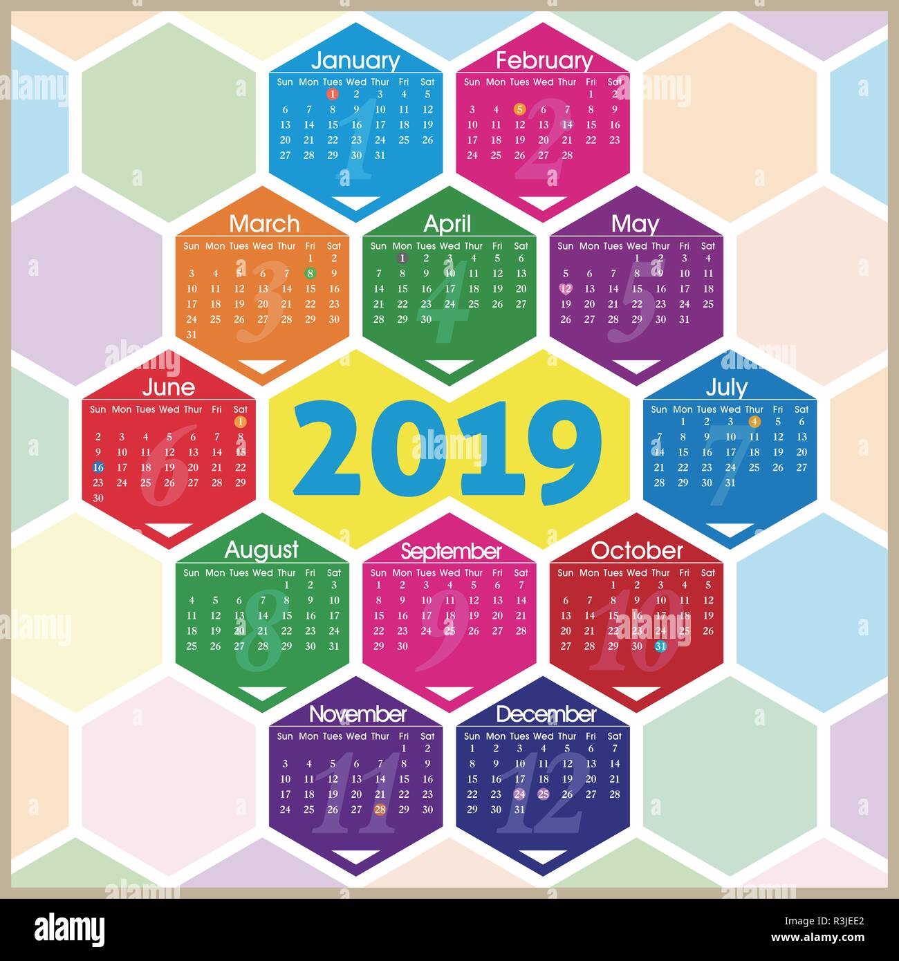 Vector year of 2019 calendar with hexagon pattern Stock Vector