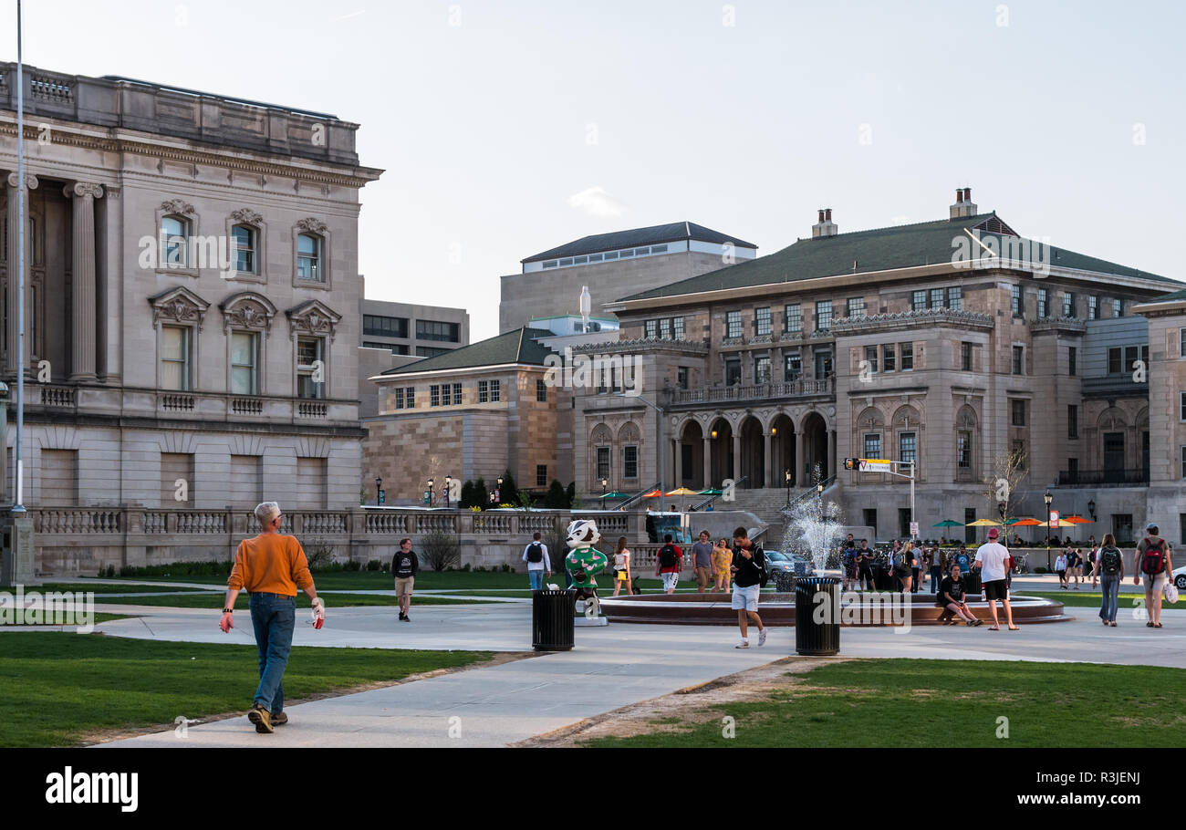 MADISON, WISCONSIN - MAY 07, 2018: The center of the Library Mall park bustling with activity at the University of Wisconsin. Stock Photo