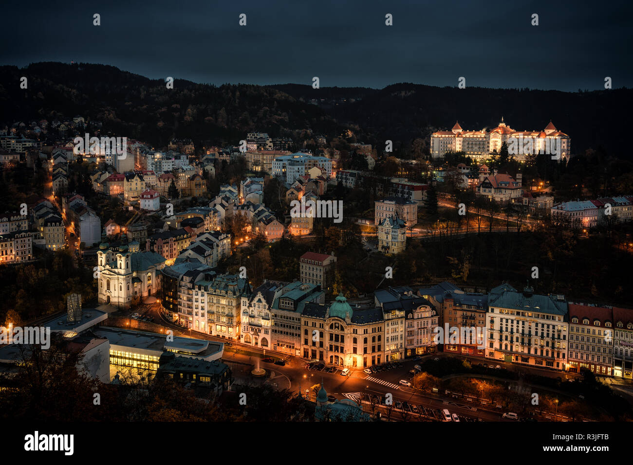 Beautiful view over colorful houses in Karlovy Vary, a spa town in Czech Republic in autumn season Stock Photo