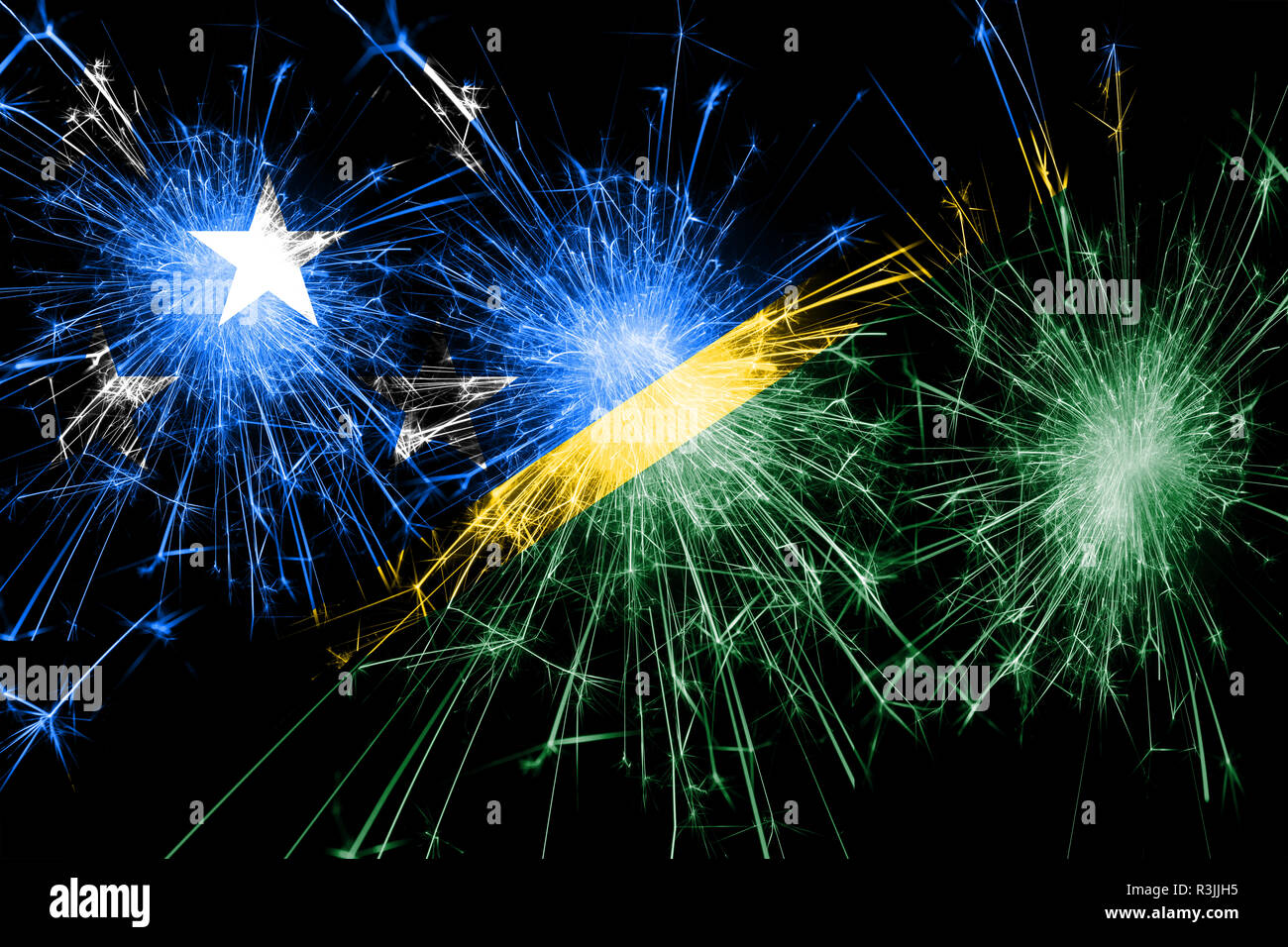 Solomon Islands fireworks sparkling flag. New Year, Christmas and