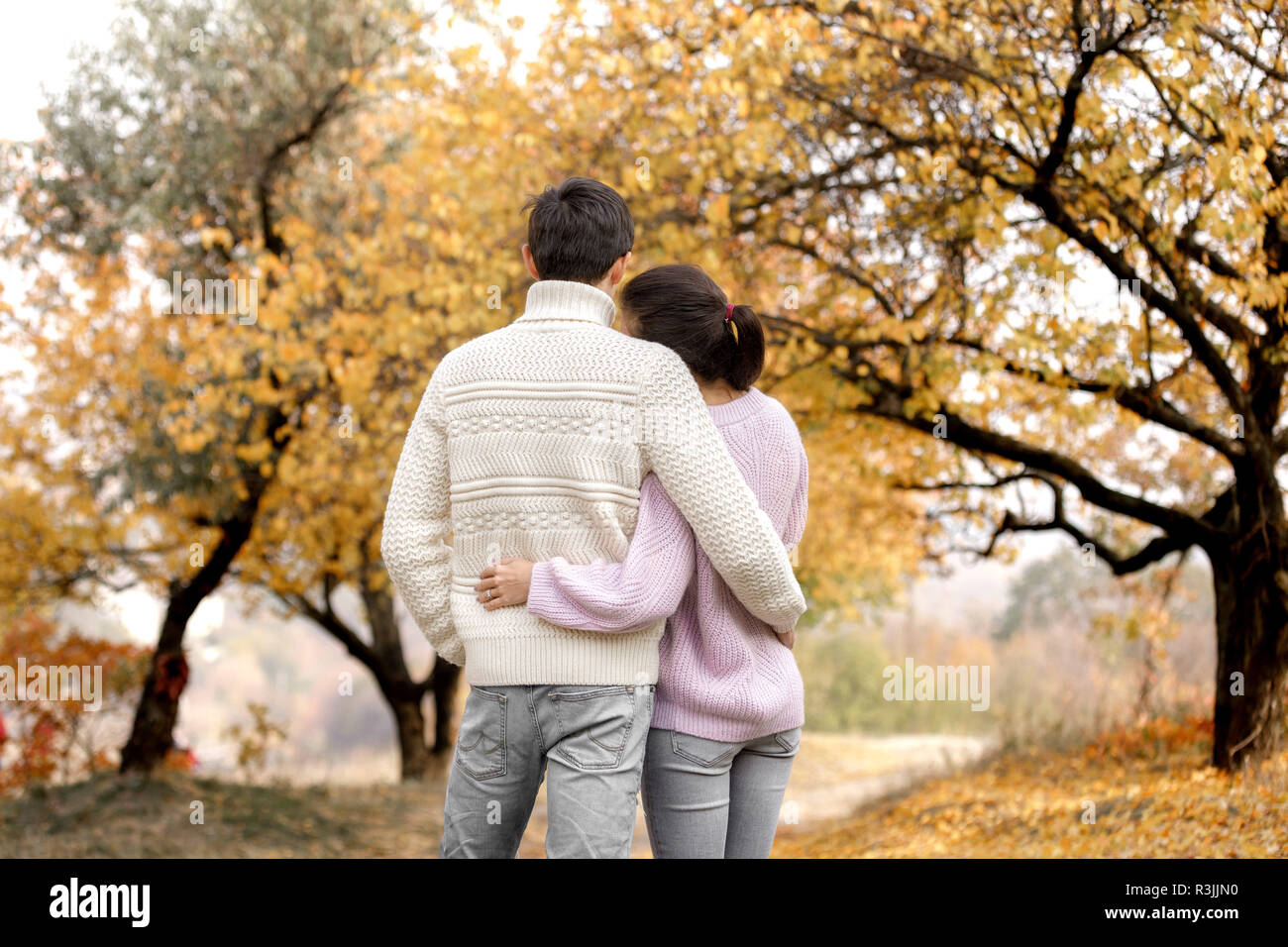 Couple in love in the autumn leaves Stock Photo