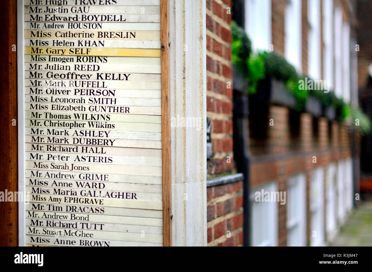 List of legal professionals working in the chambers in Pump Court, Inner Temple, London, England, UK. Stock Photo