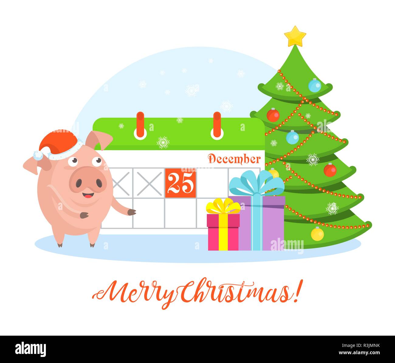 Greeting card with funny merry pig in Santa Claus hat Stock Vector