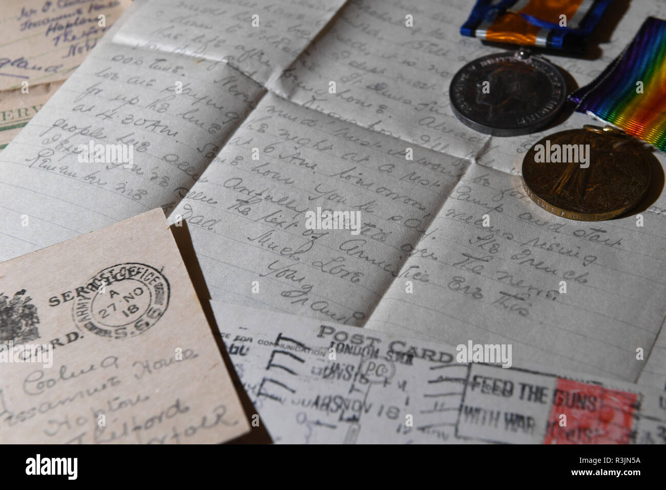 Letters, postcards and medals belonging to Bombardier Frank Cooling from Norfolk, who served in both the First World War and Second World War, which are to be auctioned at Keys Fine Art Auctioneers in Aylsham. Stock Photo