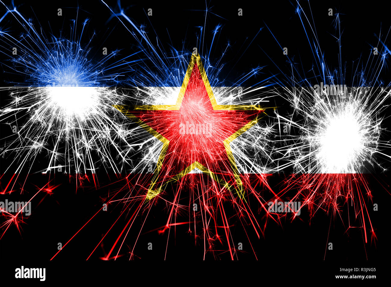 Yugoslavia fireworks sparkling flag. New Year, Christmas and National