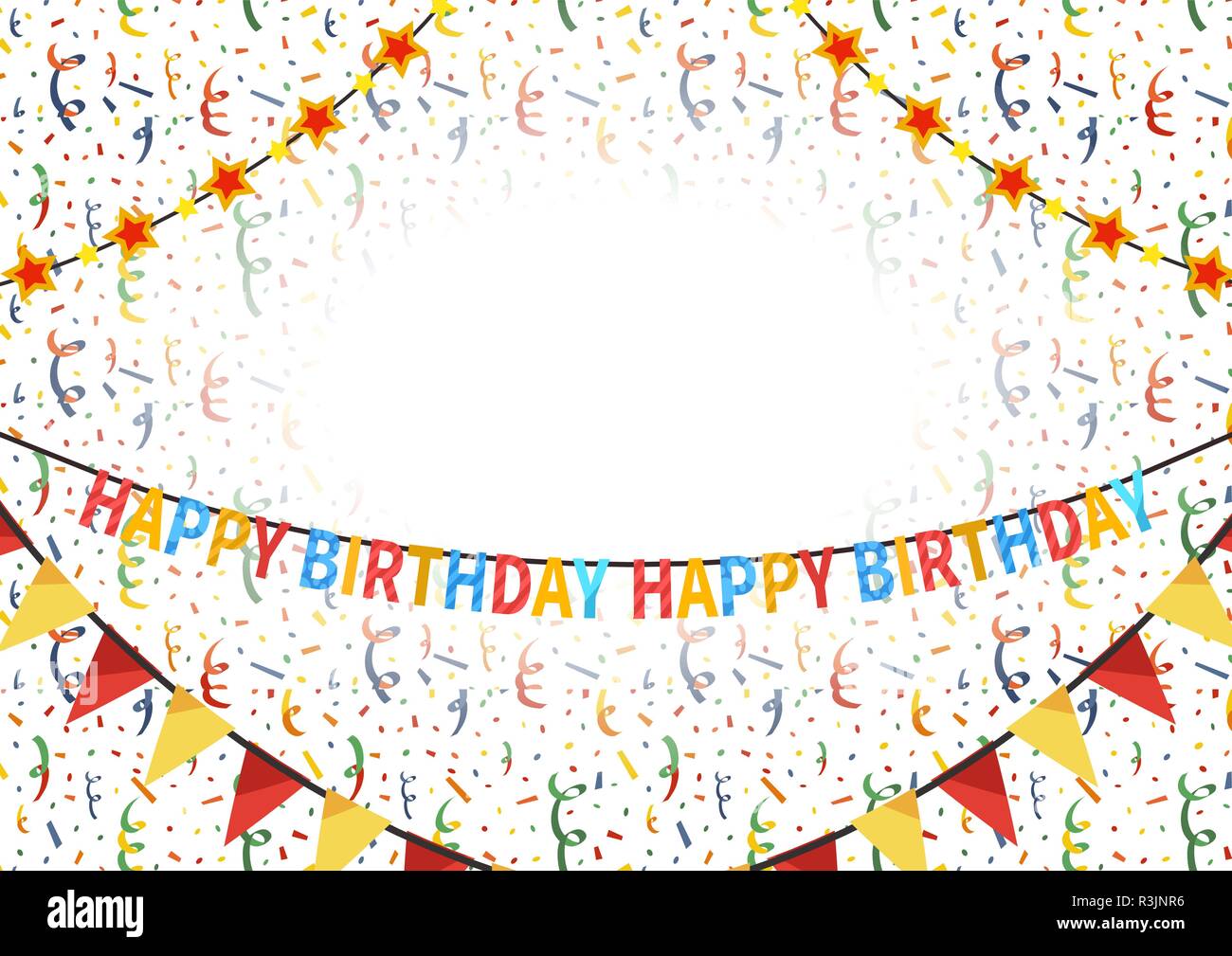 Happy Birthday Congratulations Template With Text Plate On Background With Balloons Buntings Garlands And Confetti On White Stock Vector Image Art Alamy